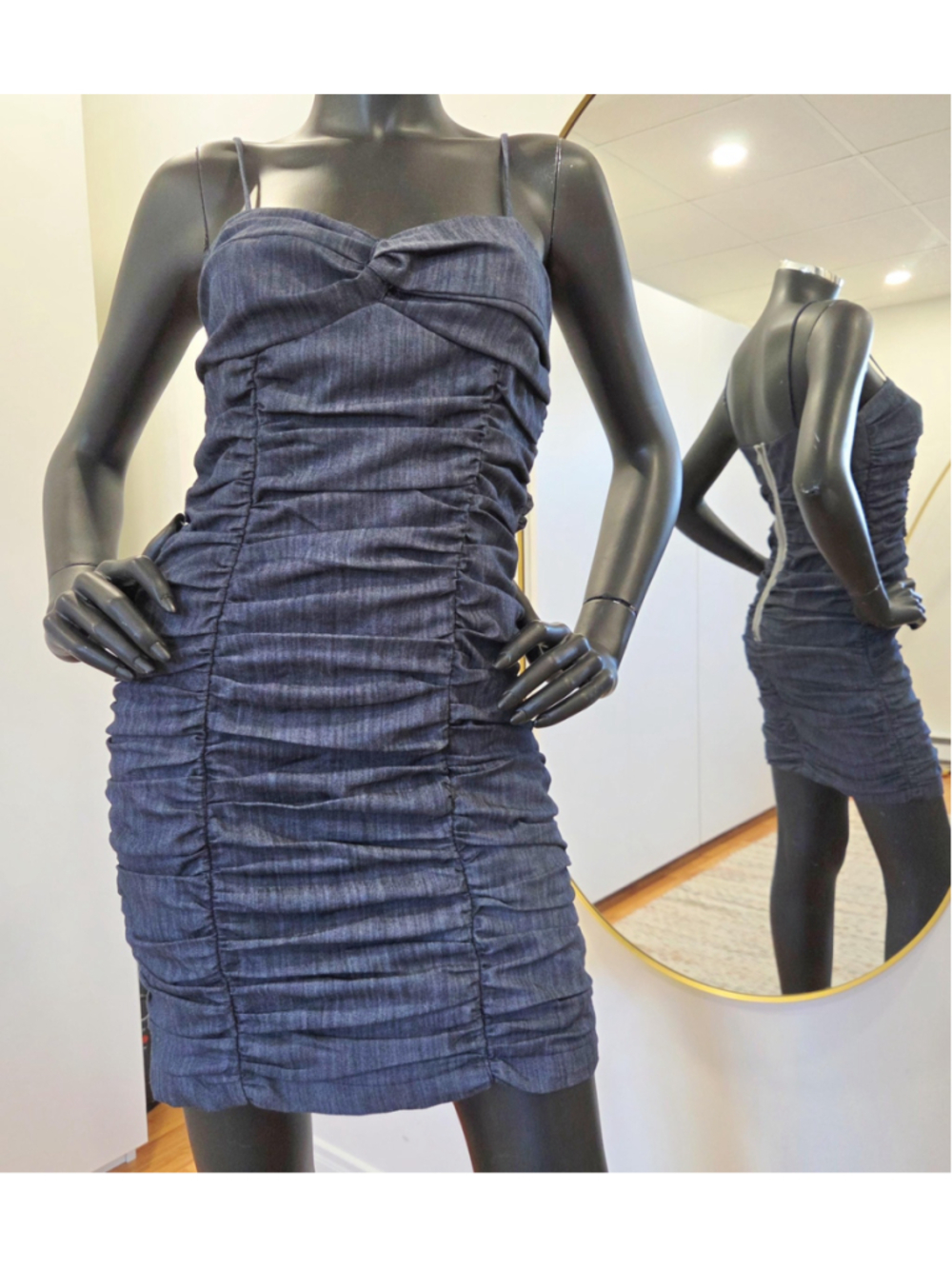 Vintage Y2K Le Château bodycon mini-dress, denim-look, ruched, spaghetti straps